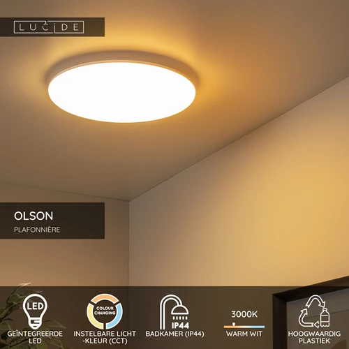 Lucide OLSON - Plafonnière Badkamer - Ø 35 cm - LED - CCT - 1x36W 3000K/6500K - IP44 - Opaal - USP